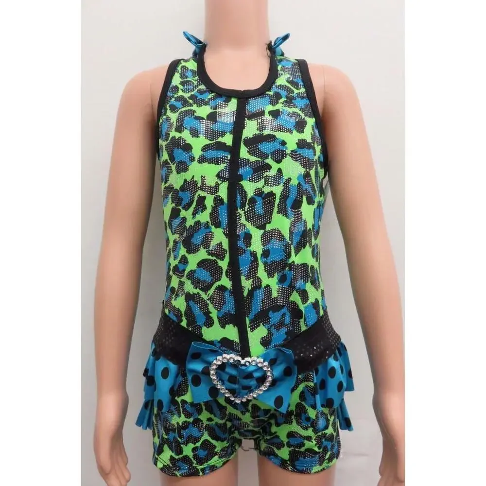 Pre-Owned Dance Costume Curtain call E1146 Large Child Green Ruffles Jazz Foil
